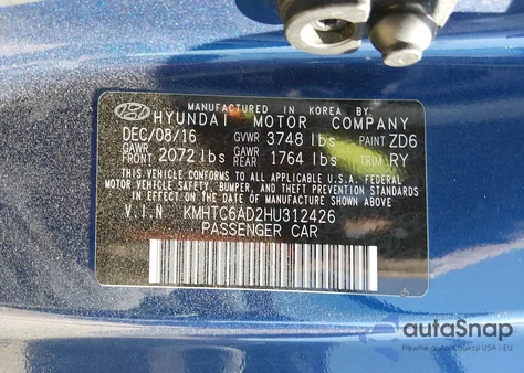 2017 Hyundai Veloster z USA, uszkodzony, nr VIN KMHTC6AD2HU312426